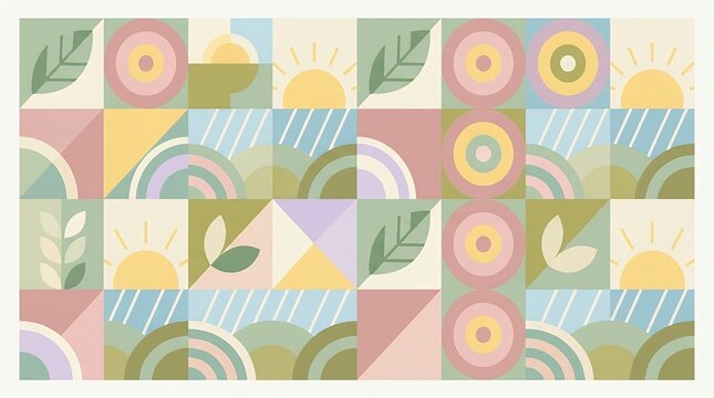 Contemporary geometric composition inspired by tranquil spring aesthetics built on a modular grid framework fully editable and infinitely scalable with pixel-perfect precision  Contemporary