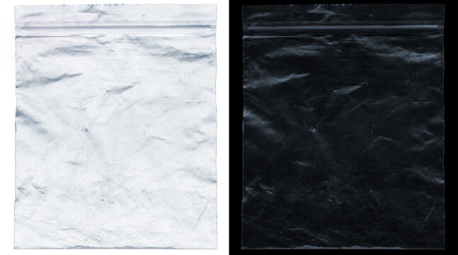 Crumpled plastic bag texture set, transparent polyethylene zip lock pouch on white and black background, wrinkled plastic film overlay for design