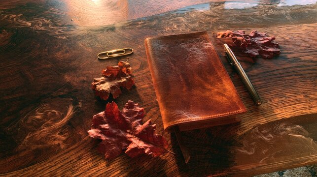Warm, textured wood surface with leather journal, pen, clip, and autumn leaves