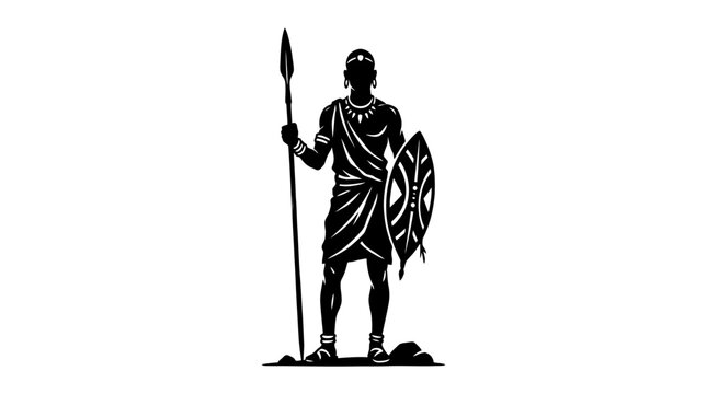 Tribal warrior silhouette holding spear and shield
