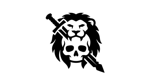 Lion skull sword emblem black white