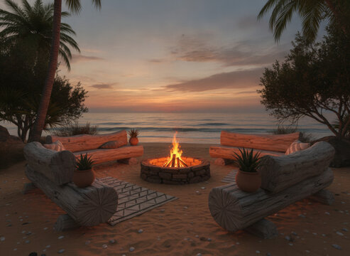 Cozy beach bonfire at sunset with wooden log benches and tropical palm trees