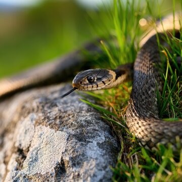 A slender snake flicking its tongue while resting on a mossy rock surrounded by green grass in a sunlit natural environment during golden hour