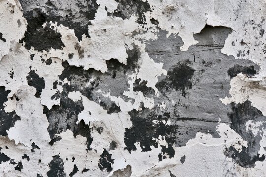 Textured close-up of peeling white plaster revealing dark underlying surface
