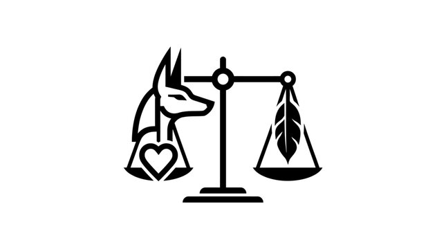 Ancient animal deity balancing heart and feather on scales