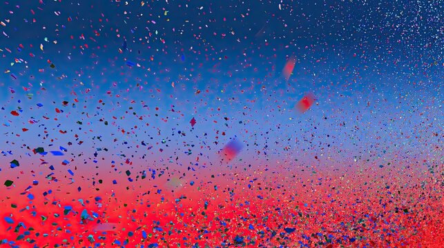 Vibrant confetti cascades against a gradient of deep blue to fiery red sky