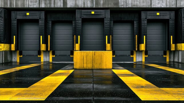 Industrial loading docks with yellow lines on wet concrete floor