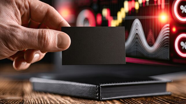 Hand holds blank card above notebook, financial charts glow