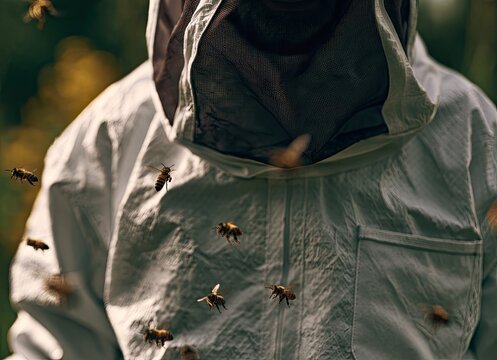 Beekeepers suit protected from buzzing bees in natural setting