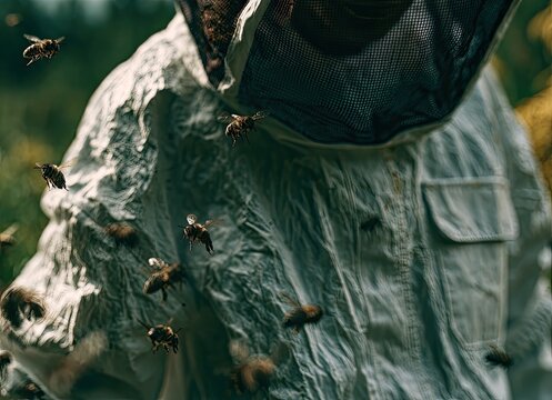 Beekeeper in protective suit swarmed by buzzing bees in nature