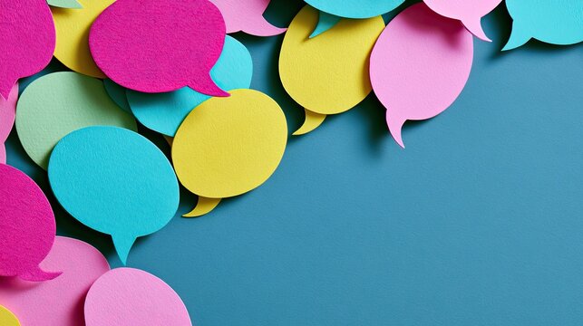 A colorful collage of paper speech bubbles overlapping on a blue background