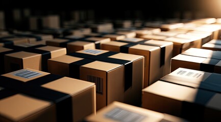 Fototapeta premium Rows of packed cardboard boxes with black tape and barcodes, ready for shipment