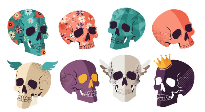 A collection of colorful decorative human skulls on white background