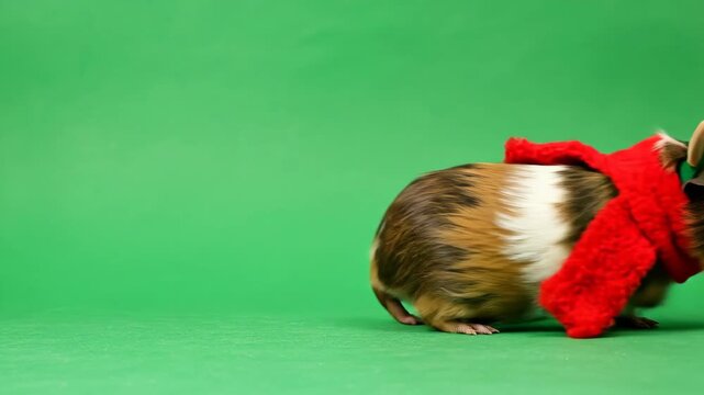 Green Screen Guinea Pig Wearing Reindeer Antlers and Red Scarf Walking Across Frame