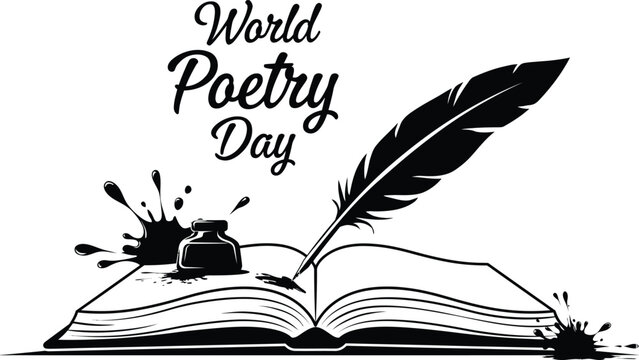 World Poetry Day vintage vector illustration, antique quill pen with inkwell and open book, classic literature and creative writing concept