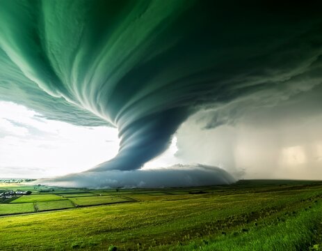 a large tornado green sky