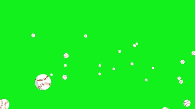 animated video of softballs flying over a green screen, animation of a softball flying towards the camera