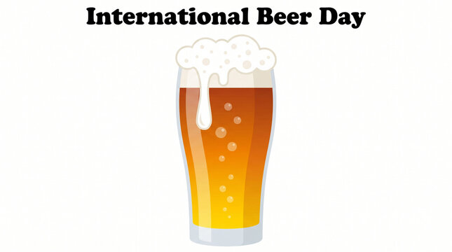 International Beer Day graphic illustration with a pint of beer overflowing with foam, isolated on a white background. Vector poster design for brewery celebration, pub promotion, and beer festival.