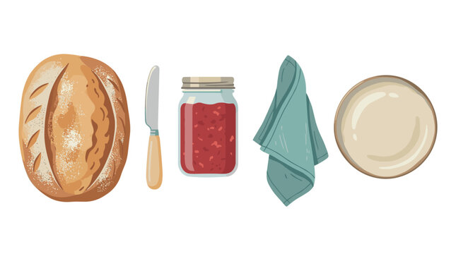 Breakfast preparation vector illustration set with sourdough bread, butter knife, jam jar, napkin, and ceramic plate