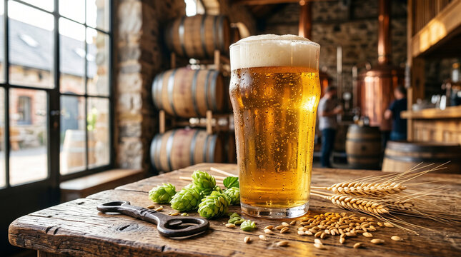 Pint of craft beer with hops and barley on a rustic wooden table in a brewery setting, featuring a cold glass of lager with foam, vintage bottle opener, and barrels in the background.