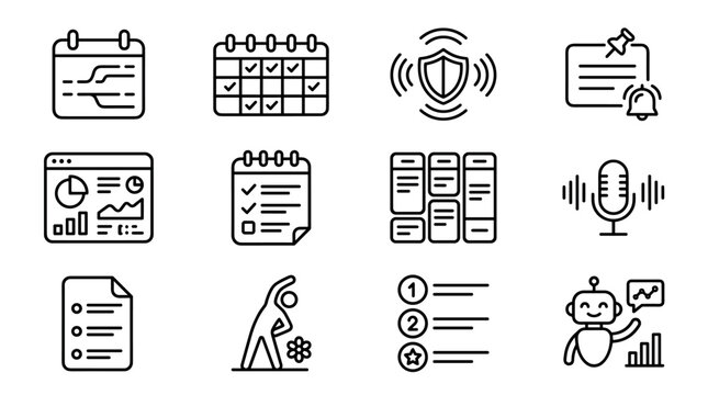 Business productivity and task management outline vector icon set
