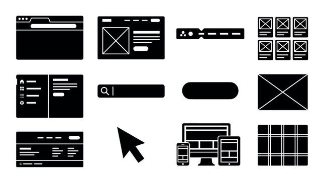 Website wireframe and user interface development elements, glyph icon set vector