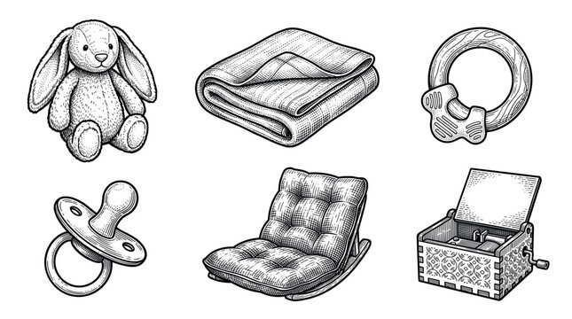 Baby accessories and nursery items vector illustration set in vintage engraving style