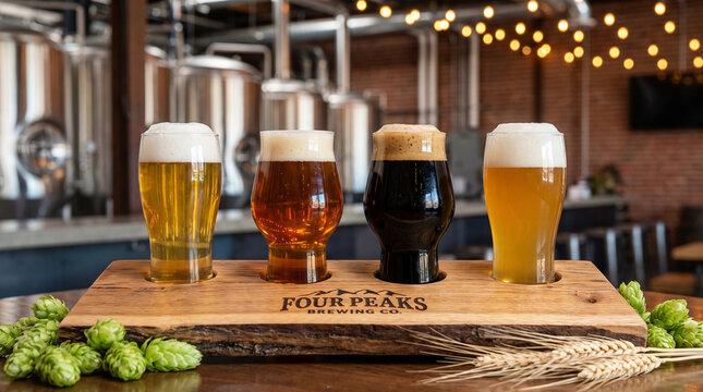 Craft beer flight with four different beer styles on a wooden sampler tray in a brewery, featuring lager, amber ale, stout, and wheat beer with fresh hops.