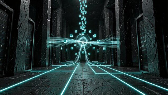Basalt Data Cathedral With Levitating Cyan Cubes