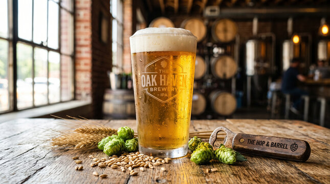Craft beer glass with hops and barley on rustic wooden table in brewery. Cold IPA pint with foam head, ingredients, and bottle opener.