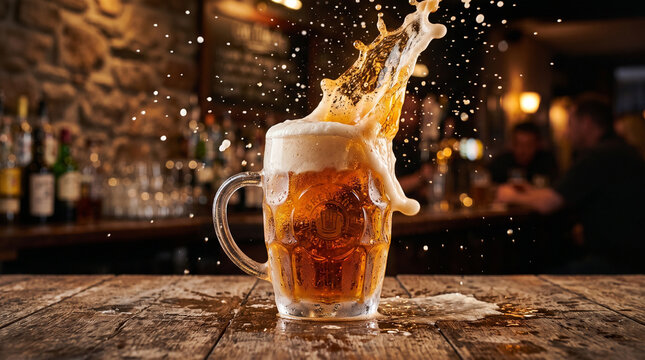 Splashing beer mug on a rustic wooden bar counter in a cozy pub. Dynamic splash of cold lager beer with foam and droplets flying in a warm dimly lit tavern setting.