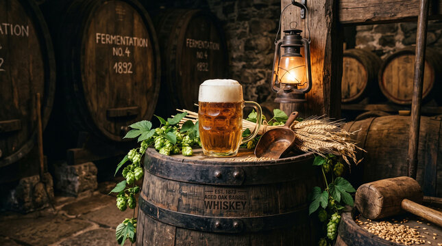 Craft beer mug on wooden barrel in rustic brewery cellar with hops, barley, and vintage lantern