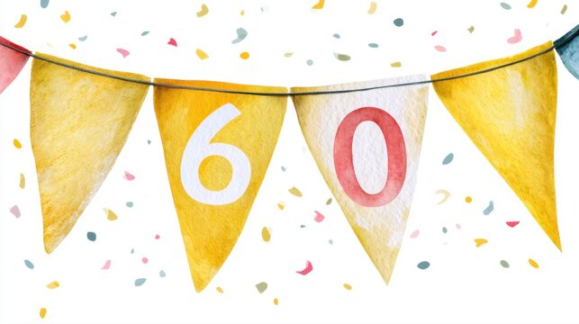 Colorful festive pennant banner with number sixty and scattered confetti celebrating a milestone birthday or anniversary event backdrop