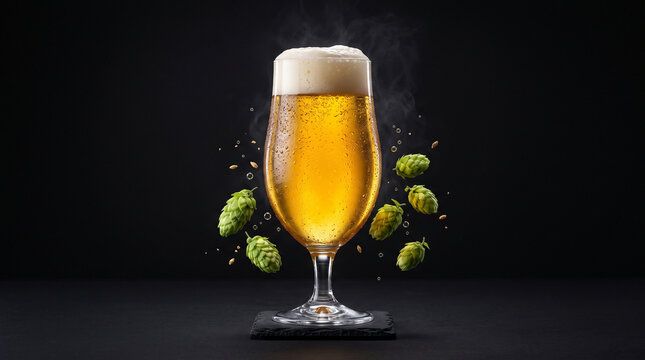 Cold glass of craft beer with floating green hops and barley grains on a dark background. Refreshing lager with foam head for brewery advertising.