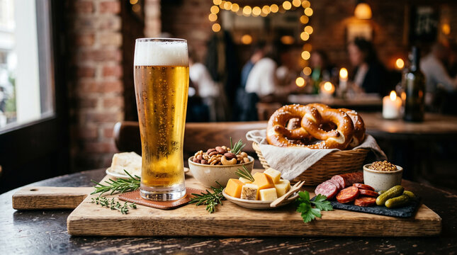 Cold beer and pretzels on a wooden board with cheese, nuts, and cured meats in a cozy pub setting. Perfect for Oktoberfest, happy hour, or rustic bar food menu design.