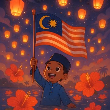 Cute Malay Boy Holding Malaysia Flag Waving with Floating Lanterns and Hibiscus Flowers at Night Background, Hari Merdeka Celebration Concept Illustration