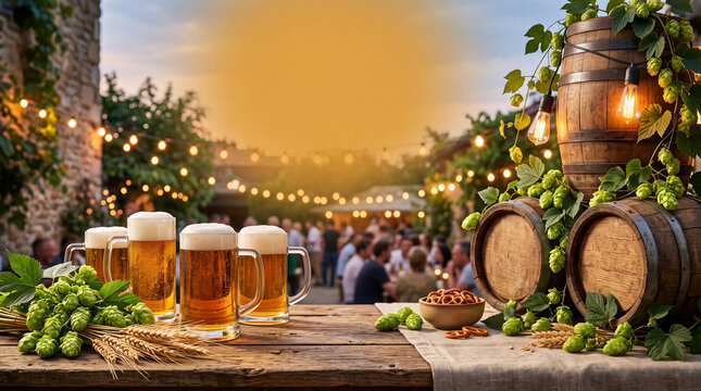 Oktoberfest beer garden background with mugs of beer, fresh hops, barley, pretzels, and wooden barrels on a rustic table at sunset.