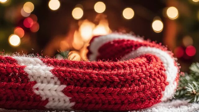 Knitted Candy Cane Made of Red and White Yarn Resting on Snow with Festive Holiday Bokeh