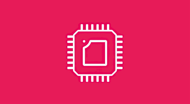 White CPU microchip icon on vibrant pink background.
