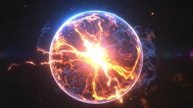 A glowing sphere of swirling orange energy floats in the dark void of deep space