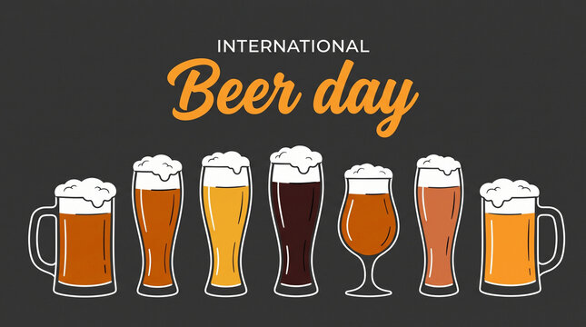 International Beer Day vector banner featuring various beer glasses with foam on a dark background.