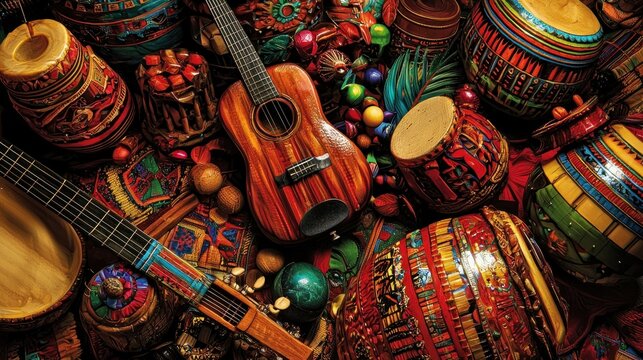 Colorful Latin American musical instruments and decor.