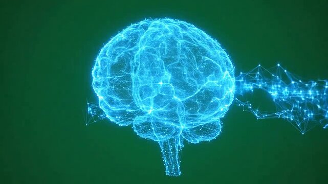 A glowing digital human brain model composed of interconnected data nodes and light particles