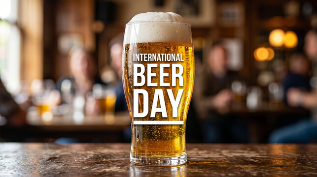 International Beer Day celebration banner featuring a cold pint of golden lager with foam on a rustic wooden bar counter in a cozy blurred pub background.