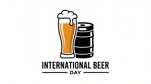 International Beer Day graphic with glass of lager and metal keg, minimalist brewery icon for pub promotion, amber beer with foam head on white background