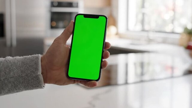 Hand holding smartphone with green screen in modern kitchen, close-up on finger touching display