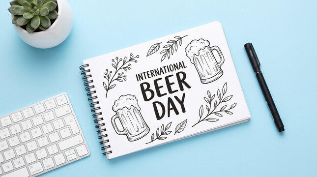 International Beer Day flat lay concept with hand-drawn beer mugs on a notebook, surrounded by a keyboard, pen, and succulent plant on a blue background.