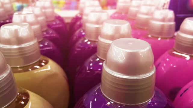 Close-Up View: Colorful Fabric Softener Bottles with White Caps on Store Shelf | Purple and Violet Laundry Conditioner Products in Retail Display | Macro Shot