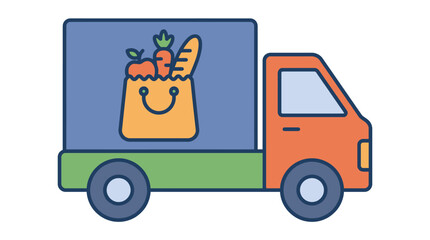 Fototapeta premium Delivery truck carrying a grocery bag with fresh vegetables and bread