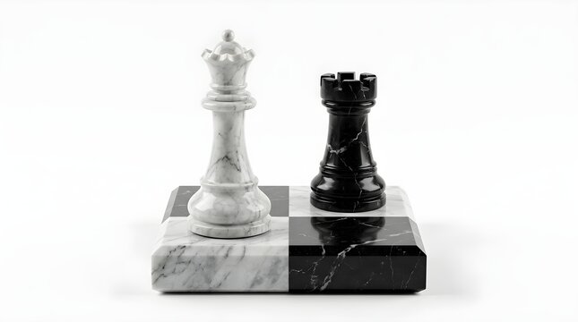 White Marble Queen and Black Rook Chess Pieces Isolated on a White Background Surface